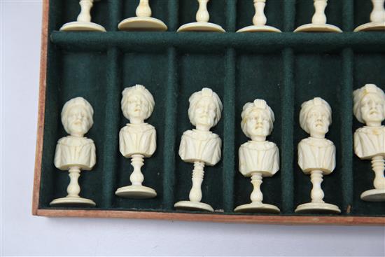 An 18th century French carved ivory Dieppe figural chess set,